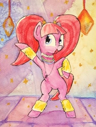 Size: 2000x2633 | Tagged: safe, artist:chevaleto, derpibooru exclusive, pacific glow, earth pony, pony, g4, accessory, bipedal, clothes, dancing, female, glow rings, glowstick, high res, jewelry, leg warmers, mare, necklace, open mouth, pacifier, pigtails, smiling, solo, traditional art, watercolor painting