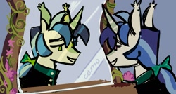 Size: 1257x675 | Tagged: safe, artist:camo_ty, queen chrysalis, shining armor, unicorn, a canterlot wedding, g4, alternate color palette, alternate design, alternate eye color, alternate hairstyle, blaze (coat marking), bow, bowtie, clothes, coat markings, colored horn, disguise, disguised changeling, duality, ear tufts, facial markings, flower, formal wear, hair bow, horn, looking at self, male, mirror, pink eyes, ponytail, redesign, role reversal, signature, smiling, solo, stallion, tied mane, tuxedo, vine, white coat