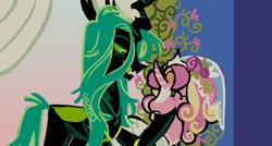 Size: 1257x675 | Tagged: safe, artist:camo_ty, princess cadance, queen chrysalis, alicorn, changeling, changeling queen, pony, a canterlot wedding, g4, alternate color palette, alternate design, alternate eye color, alternate mane color, big ears, black coat, blaze (coat marking), blush scribble, blushing, carapace, clothes, coat markings, colored eyebrows, colored mouth, colored sclera, colored tongue, crown, curved horn, dress, duo, duo female, eyelashes, facial markings, fangs, female, flower, frown, green eyes, green mane, green sclera, green tail, green tongue, heart, heart mark, height difference, hoof under chin, horn, infidelity, jewelry, large horn, lesbian, long mane, long tail, looking at each other, looking at someone, looking down, looking up, mare, messy mane, messy tail, multicolored mane, open mouth, open smile, pink coat, profile, redesign, regalia, role reversal, sharp teeth, ship:cadalis, shipping, signature, smiling, striped horn, tail, teeth, tiara, veil, wall of tags, wavy mane, wedding dress, wedding veil
