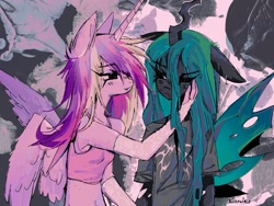 Size: 1203x904 | Tagged: safe, artist:blvdswirls, princess cadance, queen chrysalis, changeling, changeling queen, pony, anthro, g4, abstract background, duo, duo female, female, infidelity, lesbian, ship:cadalis, shipping