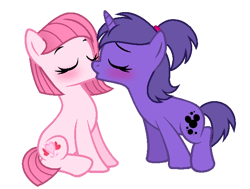 Size: 640x484 | Tagged: safe, artist:muhammad yunus, artist:ukulelemoon, oc, oc only, oc:annisa trihapsari, oc:violetta cuddles belle, earth pony, pony, unicorn, anniletta, base used, blushing, eyes closed, female, horn, kissing, lesbian, mare, ponytail, simple background, transparent background