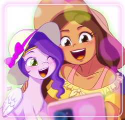 Size: 1000x964 | Tagged: safe, artist:uotapo, pipp petals, human, pegasus, pony, g5, adorapipp, cellphone, clothes, crossover, cute, disney, dress, duo, duo female, female, hailey's on it!, hat, human and pony, iphone, kristine sanchez, one eye closed, open mouth, phone, selfie, smartphone, sun hat, uotapo is trying to murder us, wink