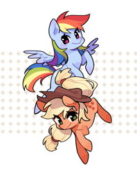 Size: 1337x1691 | Tagged: safe, artist:meowzng999, applejack, rainbow dash, earth pony, pegasus, pony, g4, abstract background, applejack's hat, cowboy hat, cute, dashabetes, duo, duo female, female, flying, hat, jackabetes, lesbian, looking at you, mare, raised hoof, ship:appledash, shipping, smiling, smiling at you, spread wings, wings