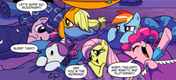 Size: 825x376 | Tagged: safe, artist:amy mebberson, idw, applejack, fluttershy, pinkie pie, rainbow dash, rarity, twilight sparkle, alicorn, earth pony, pegasus, pony, unicorn, g4, dialogue, horn, mane six, twilight sparkle (alicorn)