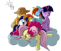 Size: 1074x890 | Tagged: artist needed, source needed, safe, applejack, fluttershy, pinkie pie, rainbow dash, rarity, twilight sparkle, alicorn, earth pony, pegasus, pony, unicorn, g4, cloud, cuddle puddle, cuddling, drool, folded wings, group, horn, mane six, on a cloud, pony pile, simple background, sleeping, sleeping on a cloud, tongue out, twilight sparkle (alicorn), white background, wings