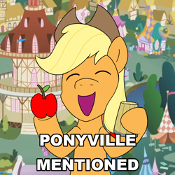Size: 900x900 | Tagged: safe, artist:unitxxvii, applejack, earth pony, pony, g4, ^^, apple, cider mug, eyes closed, female, finland, finland mentioned, food, half body, mare, meme, mug, open mouth, open smile, ponified meme, ponyville, ponyville town hall, smiling, solo