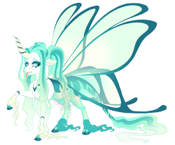 Size: 4700x3900 | Tagged: safe, artist:gigason, oc, oc only, oc:lacewing, changepony, blue sclera, cloven hooves, colored eyelashes, colored hooves, colored pinnae, colored sclera, curved horn, cyan sclera, ethereal mane, ethereal tail, eyeshadow, fangs, female, forked tongue, gradient hooves, gradient mane, gradient tail, horn, leonine tail, long feather, long fetlocks, magical lesbian spawn, makeup, obtrusive watermark, offspring, parent:princess celestia, parent:queen chrysalis, parents:chryslestia, pigtails, raised hoof, simple background, solo, sparkly mane, sparkly tail, standing, tail, teal eyelashes, tongue out, transparent background, transparent wings, unshorn fetlocks, watermark, wings