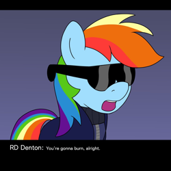 Size: 1000x1000 | Tagged: safe, artist:unitxxvii, rainbow dash, pegasus, pony, g4, deus ex, female, gradient background, solo, sunglasses