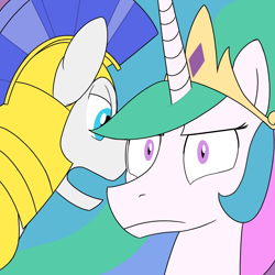 Size: 1000x1000 | Tagged: safe, artist:unitxxvii, princess celestia, alicorn, pony, g4, 9/11, bust, duo, female, george w. bush, male, mare, meme, ponified meme, princess celestia is george bush, royal guard, stallion, upset, whispering