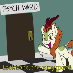 Size: 900x900 | Tagged: safe, artist:unitxxvii, autumn blaze, kirin, pony, g4, cloven hooves, door, female, hallway, hospital, pointing, raised hoof, solo, talking to viewer