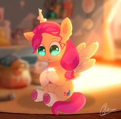 Size: 1106x1082 | Tagged: safe, artist:jaanhavi, sunny starscout, alicorn, pony, g5, chubby, coat markings, crystal, cute, earth pony crystal, fake horn, fake wings, female, filly, filly sunny starscout, hoof heart, race swap, socks (coat markings), solo, sunnybetes, sunnycorn, underhoof, upside-down hoof heart, younger