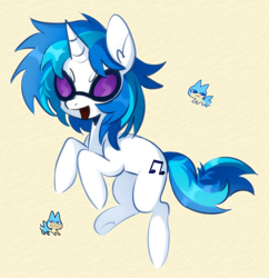 Size: 1920x1983 | Tagged: safe, artist:ksbanan, dj pon-3, vinyl scratch, pony, unicorn, g4, bipedal, ear fluff, eyebrows, eyebrows visible through hair, female, glasses, horn, mare, open mouth, open smile, raised hoof, simple background, smiling, solo, tail, two toned hair, underhoof, vinyl's glasses, white coat, yellow background