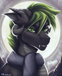 Size: 1694x2079 | Tagged: safe, artist:motley_ad, oc, bust, clothes, fangs, horns, hybrid oc, male, moon, portrait, scarf, solo, stallion