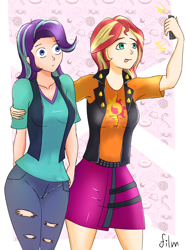 Size: 2666x3570 | Tagged: safe, alternate version, artist:film77asq, starlight glimmer, sunset shimmer, human, g4, clothes, duo, female, human coloration, humanized, phone, selfie, thousand yard stare, tongue out