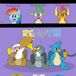 Size: 3000x3000 | Tagged: safe, artist:rupert, gabby, gallus, gilda, rainbow dash, smolder, spike, dragon, griffon, pegasus, pony, series:catbird 3's colossal squish program, g4, belly, cider, cup, determined look, donut, dragoness, female, food, hose, imminent weight gain, incentive drive, it begins, male, open mouth, pale belly, paws, sitting, smiling, teams, this will end in weight gain, weight gain sequence