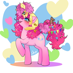 Size: 1000x1000 | Tagged: safe, artist:julieee3e, li'l cheese, pinkie pie, earth pony, pony, g4, colt, duo, female, foal, looking at each other, looking at someone, male, mama pinkie, mare, mother and child, mother and son, ponies riding ponies, riding