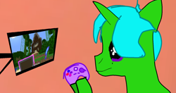 Size: 1364x721 | Tagged: safe, artist:joeydr, oc, oc only, oc:green byte, pony, unicorn, controller, horn, male, minecraft, simple background, solo, stallion