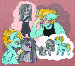 Size: 1561x1361 | Tagged: safe, artist:xlovebitz, lightning dust, marble pie, earth pony, pegasus, pony, anthro, g4, anthro with ponies, crack shipping, cute, female, lesbian, looking at each other, looking at someone, marblebetes, marbledust, question mark, shipping, thought bubble, wings