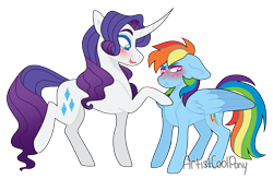 Size: 2489x1628 | Tagged: safe, artist:artistcoolpony, rainbow dash, rarity, pegasus, pony, unicorn, g4, blush scribble, blushing, curved horn, duo, duo female, female, floppy ears, height difference, horn, lesbian, looking away, mare, ship:raridash, shipping, simple background, transparent background