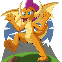 Size: 1919x1919 | Tagged: safe, artist:foxkai, smolder, dragon, g4, footprint, looking down, macro, mountain, open mouth, open smile, simple background, smiling, transparent background
