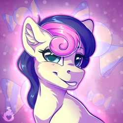 Size: 600x600 | Tagged: safe, artist:serenity, bon bon, sweetie drops, earth pony, pony, g4, background pony, blushing, bust, ear fluff, female, fluffy, glowing, looking at you, mare, portrait, shiny mane, simple background, smiling, smiling at you, wingding eyes