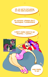 Size: 1321x2128 | Tagged: safe, artist:opossum-stuff, moondancer, pony, unicorn, anthro, g4, ..., braces, clothes, dialogue, disappointed, dress, ears back, female, horn, mare, open mouth, phone, sad, shoes, simple background, solo, speech bubble, strapless, strapless dress, talking, yellow background, yellow eyes
