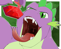 Size: 2134x1726 | Tagged: safe, artist:giantboonehusky, part of a set, spike, oc, oc:patchwork, dragon, pony, unicorn, g4, gem, glasses, horn, implied vore, macro/micro, male, mawshot, older, older spike, open mouth, open smile, ponytail, predator, prey, smiling, stallion, this will end in death, this will end in vore, tongue out, vore