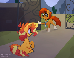 Size: 2048x1625 | Tagged: safe, artist:opossum-stuff, stellar flare, sunset shimmer, pony, unicorn, g4, duo, female, horn, mare, mother and child, mother and daughter, sunny siblings, the prodigal sunset