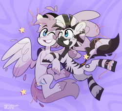 Size: 1638x1497 | Tagged: safe, artist:opossum-stuff, oc, oc only, earth pony, pony, zebra, belly, duo, earth pony oc, happy, hug, male, nuzzling, unshorn fetlocks, zebra oc