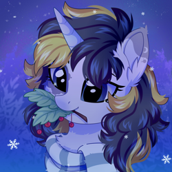 Size: 3500x3500 | Tagged: safe, artist:stesha, oc, oc only, pony, unicorn, clothes, commission, female, horn, mouth hold, scarf, snow, snowfall, snowflake, solo, striped scarf, unicorn oc, ych result