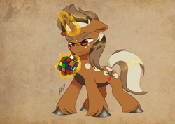 Size: 4961x3508 | Tagged: safe, artist:haruh_ink, oc, oc only, oc:macchiato, unicorn, concentrating, glasses, horn, magic, rubik's cube, solo, telekinesis, unshorn fetlocks