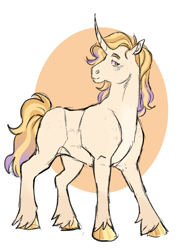 Size: 1394x1926 | Tagged: safe, artist:cactiflowers, oc, oc only, pony, unicorn, concave belly, curved horn, fetlock tuft, horn, male, solo, stallion, unshorn fetlocks