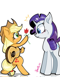 Size: 1594x2048 | Tagged: safe, artist:funnyk16, applejack, rarity, earth pony, pony, unicorn, g4, blushing, duo, female, flower, guitar, horn, lesbian, musical instrument, ship:rarijack, shipping, simple background, white background