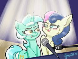 Size: 1024x768 | Tagged: safe, artist:funnyk16, bon bon, lyra heartstrings, sweetie drops, earth pony, pony, unicorn, g4, duo, equestria girls ponified, female, heart, heart eyes, horn, lesbian, microphone, musical instrument, piano, ponified, scene interpretation, ship:lyrabon, shipping, wingding eyes