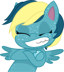 Size: 2082x2352 | Tagged: safe, alternate version, artist:poniidesu, oc, oc only, oc:dusty feather, pegasus, pony, g4.5, my little pony: pony life, base used, crossed hooves, cute, female, freckles, happy, mare, simple background, smiling, solo, spread wings, transparent background, two toned mane, wings