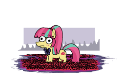 Size: 933x593 | Tagged: safe, artist:punkittdev, sour sweet, earth pony, pony, equestria girls, g4, my little pony equestria girls: friendship games, alternate cutie mark, bowtie, cranberry bog, cute, equestria girls ponified, freckles, fruit, ponified, solo, sourbetes, thousand yard stare