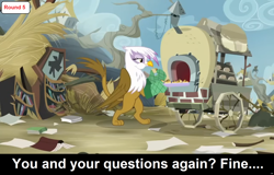 Size: 1920x1228 | Tagged: safe, gilda, griffon, comic:celestia's servant interview, g4, the lost treasure of griffonstone, aweeg*, baking, bipedal, caption, cs captions, female, griffonstone, holding, interview, oven, oven mitts, scone, text
