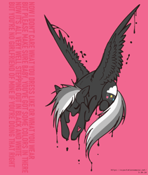 Size: 744x880 | Tagged: safe, artist:expectationemesis, derpibooru exclusive, oc, oc only, oc:monochromatic mixer, pegasus, pony, black fur, curled up, dripping, eyes closed, female, grayscale, hoof heart, lyrics, mare, monochrome, pegasus oc, pink background, redraw, simple background, solo, spread wings, text, tri-color mane, tri-color tail, wings