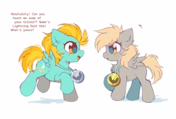 Size: 3400x2300 | Tagged: safe, artist:mirtash, derpy hooves, lightning dust, pegasus, pony, g4, parental glideance, alternate universe, blonde mane, blonde tail, blue coat, blushing, chest fluff, cute, daaaaaaaaaaaw, derpabetes, dialogue, duo, duo female, dustabetes, ear fluff, emanata, eye clipping through hair, eyebrows, eyebrows visible through hair, eyelashes, female, filly, filly derpy, filly derpy hooves, filly lightning dust, foal, friendshipping, gray coat, high res, leg fluff, long mane, looking at each other, looking at someone, medal, open mouth, open smile, profile, raised hoof, shadow, simple background, smiling, spread wings, standing, tail, talking, underp, white background, wingding eyes, wings, yellow eyes, yellow mane, yellow tail, younger