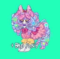 Size: 968x947 | Tagged: safe, artist:cutesykill, oc, oc only, oc:bubble bleb, pony, unicorn, beanbrows, big ears, blaze (coat marking), blue background, blue sclera, bow, clothes, coat markings, colored eyebrows, colored sclera, colored teeth, decora, dress, eyebrows, facial markings, frilly dress, hair accessory, hair bow, hairclip, horn, lidded eyes, long mane, long tail, looking at you, missing horn, multicolored eyes, multicolored mane, multicolored tail, narrowed eyes, orange coat, pink dress, purple teeth, ringlets, sharp teeth, simple background, slit pupils, smiling, socks (coat markings), solo, tail, tail accessory, teal background, teeth, text, unicorn oc