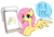 Size: 3164x2161 | Tagged: safe, artist:syrupyyy, fluttershy, tree hugger, earth pony, pegasus, pony, g4, blue text, blushing, bust, dialogue, drawing, dreadlocks, eyes closed, female, fluttershy is not amused, frown, green coat, high res, kissing, lesbian, long mane, mare, mouth hold, offscreen character, pencil in mouth, pink mane, red mane, red tail, shiny mane, ship:flutterhugger, shipping, simple background, solo, speech bubble, spread wings, tail, text, unamused, white background, wings, yellow coat