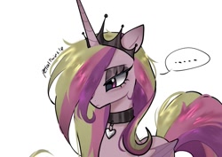 Size: 1043x737 | Tagged: safe, artist:petaltwinkle, princess cadance, alicorn, pony, g4, ..., alternate accessories, alternate clothes, alternate design, bags under eyes, bust, cadance is not amused, choker, colored eartips, colored wings, colored wingtips, crown, emo, eyelashes, eyeshadow, female, folded wings, frown, gradient ears, gradient horn, hair over one eye, heart choker, horn, jewelry, lidded eyes, long mane, long tail, makeup, mare, messy mane, messy tail, multicolored mane, multicolored tail, pink coat, pink eyes, pink mane, regalia, signature, simple background, solo, speech bubble, tail, tiara, two toned wings, unamused, unicorn horn, white background, wingding eyes, wings, wip