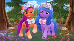 Size: 3840x2160 | Tagged: safe, artist:owlpirate, izzy moonbow, sunny starscout, earth pony, pony, unicorn, g5, 3d, 4k, basket, bow, cute, duo, duo female, easter, easter basket, easter egg, female, floral head wreath, flower, forest, high res, holiday, horn, izzybetes, looking at you, mare, nature, open mouth, open smile, physique difference, raised hoof, slender, smiling, smiling at you, source filmmaker, sunnybetes, thin, tree