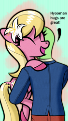 Size: 1080x1920 | Tagged: safe, artist:scandianon, lily, lily valley, oc, oc:anon, earth pony, human, pony, g4, dialogue, eyes closed, female, holding a pony, hug, male, mare, open mouth, open smile, smiling, talking
