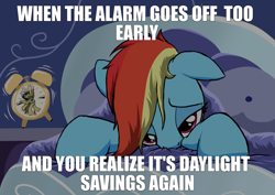 Size: 2311x1633 | Tagged: safe, artist:narbarnar, edit, editor:modus_ponens, rainbow dash, g4, alarm clock, bed, caption, clock, daylight savings, image macro, meme, misspelling, morning ponies, solo, text, tired