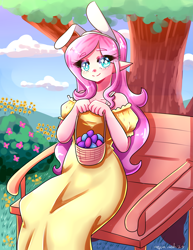 Size: 2975x3850 | Tagged: safe, artist:mylittleyuri, fluttershy, human, g4, basket, bench, blush lines, blushing, bunny ears, bunnyshy, clothes, cute, dress, easter, easter basket, easter egg, elf ears, eye clipping through hair, eyebrows, eyebrows visible through hair, female, flower, heart, heart eyes, high res, humanized, looking at you, nature, shyabetes, sitting, smiling, smiling at you, solo, sundress, tree, wingding eyes
