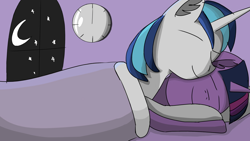 Size: 1920x1080 | Tagged: safe, artist:icycrymelon, shining armor, twilight sparkle, pony, unicorn, g4, bed, blanket, brother and sister, clock, eyes closed, female, horn, incest, infidelity, love, male, moon, night, pillow, ship:shiningsparkle, shipping, sibling love, siblings, sleeping, sleeping together, smiling, stars, straight, twicest, window