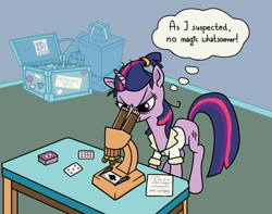 Size: 2340x1840 | Tagged: safe, artist:mafon, trixie, twilight sparkle, pony, unicorn, g4, alternate hairstyle, bags under eyes, female, implied trixie, looking at something, mare, messy mane, microscope, playing card, solo, thought bubble, trunk, unicorn twilight