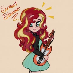 Size: 1280x1280 | Tagged: safe, artist:artmiiracle, sunset shimmer, human, g4, clothes, dress, eyeshadow, female, grin, guitar, humanized, jacket, leather, leather jacket, lipstick, makeup, musical instrument, nail polish, simple background, smiling, solo, sundress, yellow background