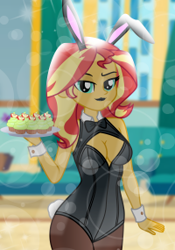 Size: 200x285 | Tagged: safe, artist:emeraldblast63, sunset shimmer, human, equestria girls, g4, bedroom eyes, black lipstick, bowtie, breasts, bunny ears, bunny suit, cleavage, clothes, cuffs (clothes), cupcake, female, food, lens flare, leotard, lipstick, pantyhose, picture for breezies, show accurate, solo